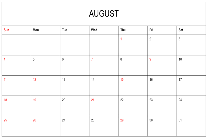 printable simple monthly august calendar 2024