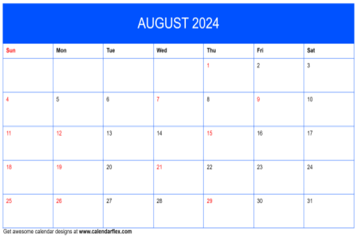 printable august calendar 2024 blue theme